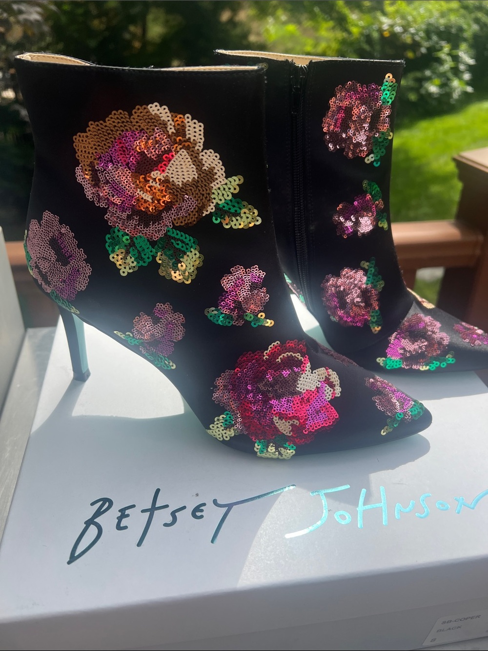 New Betsy Johnson Black Satin Ankle Boots with Multicolor Sequin Floral Embroide